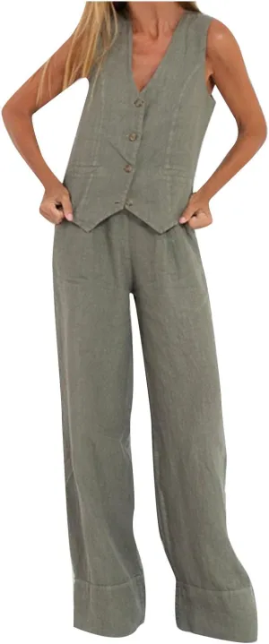 Vintage 2 Piece Outfit Women Cotton Linen Sets Button Crop Vest Blazer and Wide Leg Long Pants Set Casual Streetwear