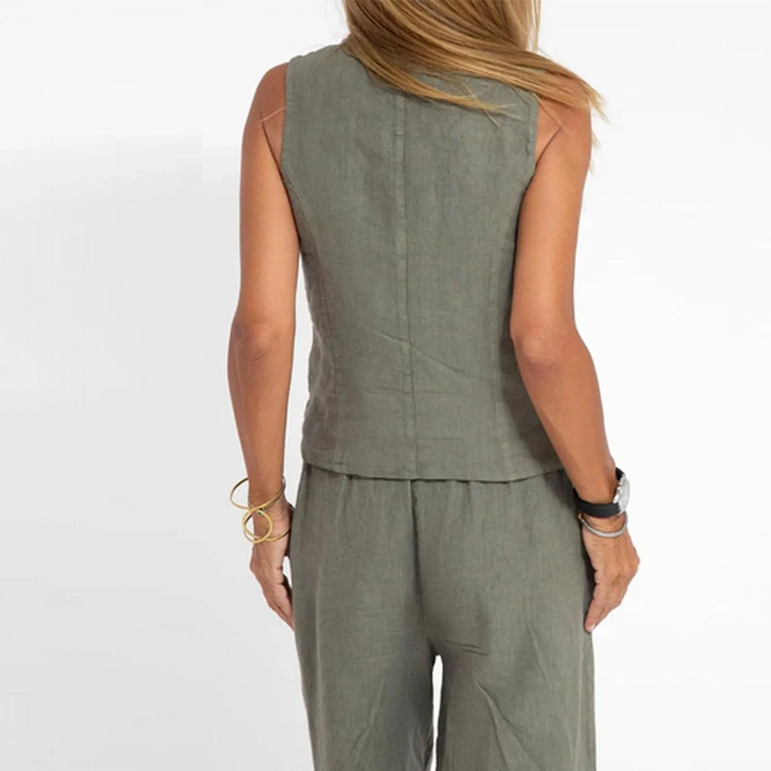 Vintage 2 Piece Outfit Women Cotton Linen Sets Button Crop Vest Blazer and Wide Leg Long Pants Set Casual Streetwear
