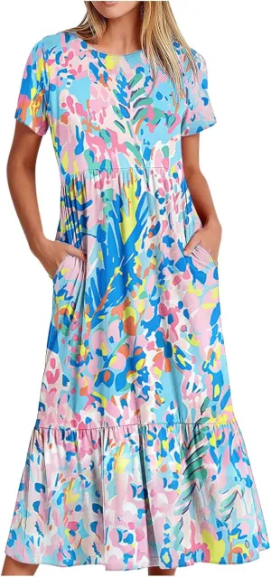 Vintage Dress for Women Casual Short Sleeve Floral Print Sundress Summer Fashion Retro Maxi Dress with Pocket