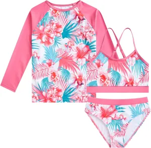 Vogseek 7-13T Girls 3pcs Bikini Swimwear with Long Sleeve Rashguard Shirts Quick Dry Swimsuits UPF 50  Bathing Suits