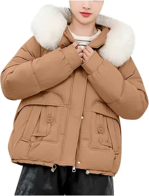 Warm Winter Coats for Women 2025 Trendy Plain Fur Hooded Puffer Jacket Down Coat Zipper Puffy Bread Jackets