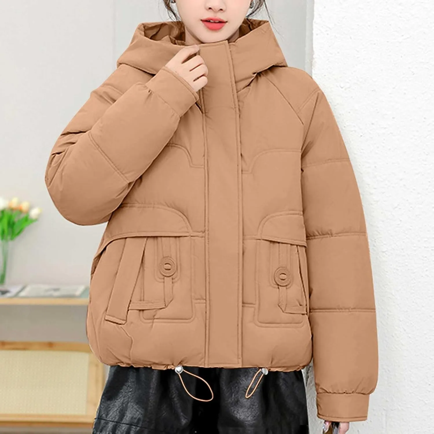 Warm Winter Coats for Women 2025 Trendy Plain Fur Hooded Puffer Jacket Down Coat Zipper Puffy Bread Jackets