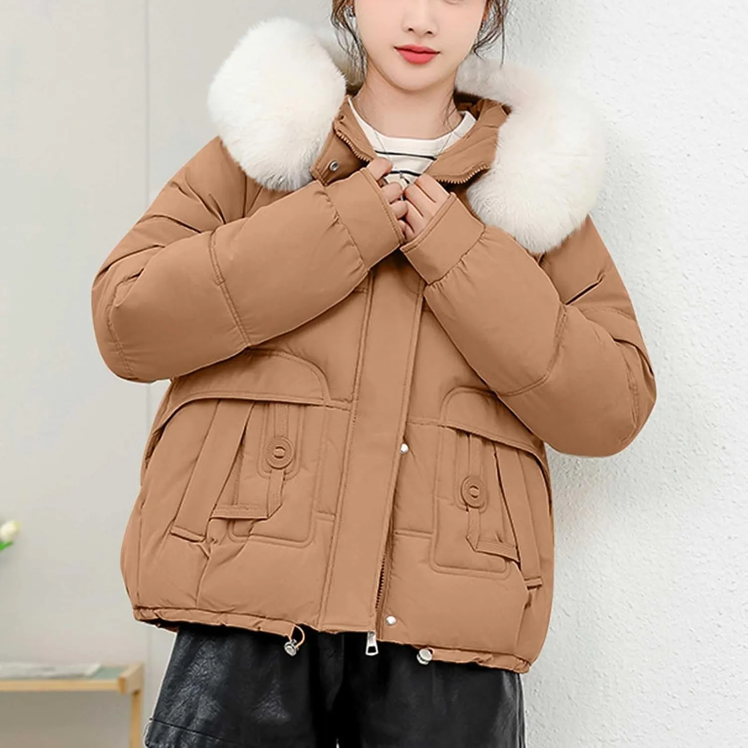 Warm Winter Coats for Women 2025 Trendy Plain Fur Hooded Puffer Jacket Down Coat Zipper Puffy Bread Jackets