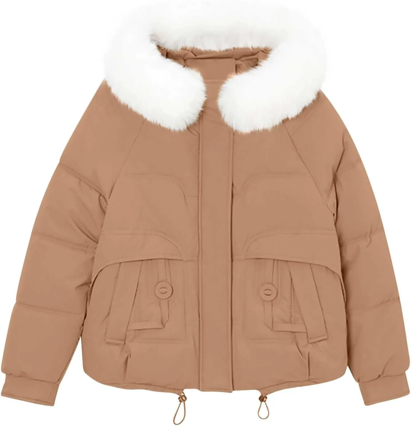 Warm Winter Coats for Women 2025 Trendy Plain Fur Hooded Puffer Jacket Down Coat Zipper Puffy Bread Jackets