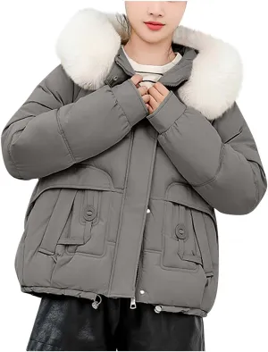 Warm Winter Coats for Women 2025 Trendy Plain Fur Hooded Puffer Jacket Down Coat Zipper Puffy Bread Jackets