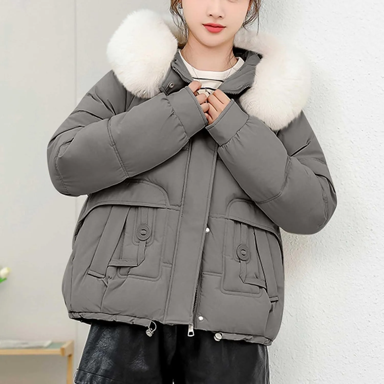 Warm Winter Coats for Women 2025 Trendy Plain Fur Hooded Puffer Jacket Down Coat Zipper Puffy Bread Jackets