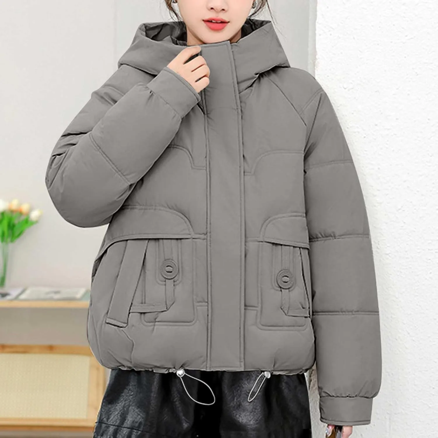 Warm Winter Coats for Women 2025 Trendy Plain Fur Hooded Puffer Jacket Down Coat Zipper Puffy Bread Jackets