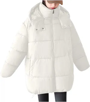 Warm Winter Coats for Women 2025 Trendy Solid Color Hooded Puffer Jacket Down Coat Zipper Puffy Bread Jackets
