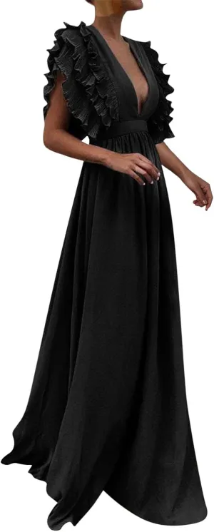 Wedding Guest Dress 2024 V Neck Ruffle Sleeve Tiered Midi Dress A Line Cocktail Party Dress Mixi Homecoming Dress
