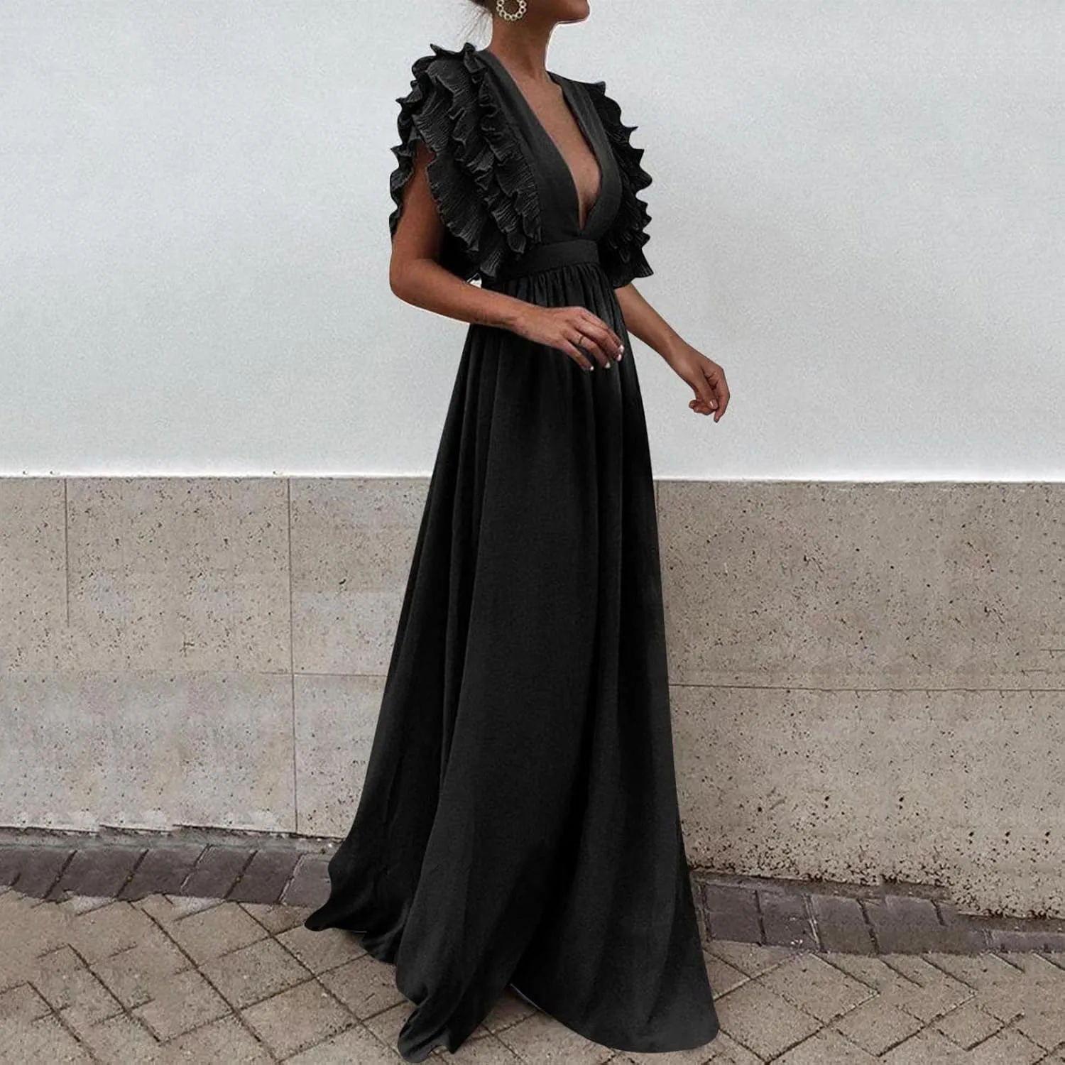 Wedding Guest Dress 2024 V Neck Ruffle Sleeve Tiered Midi Dress A Line Cocktail Party Dress Mixi Homecoming Dress