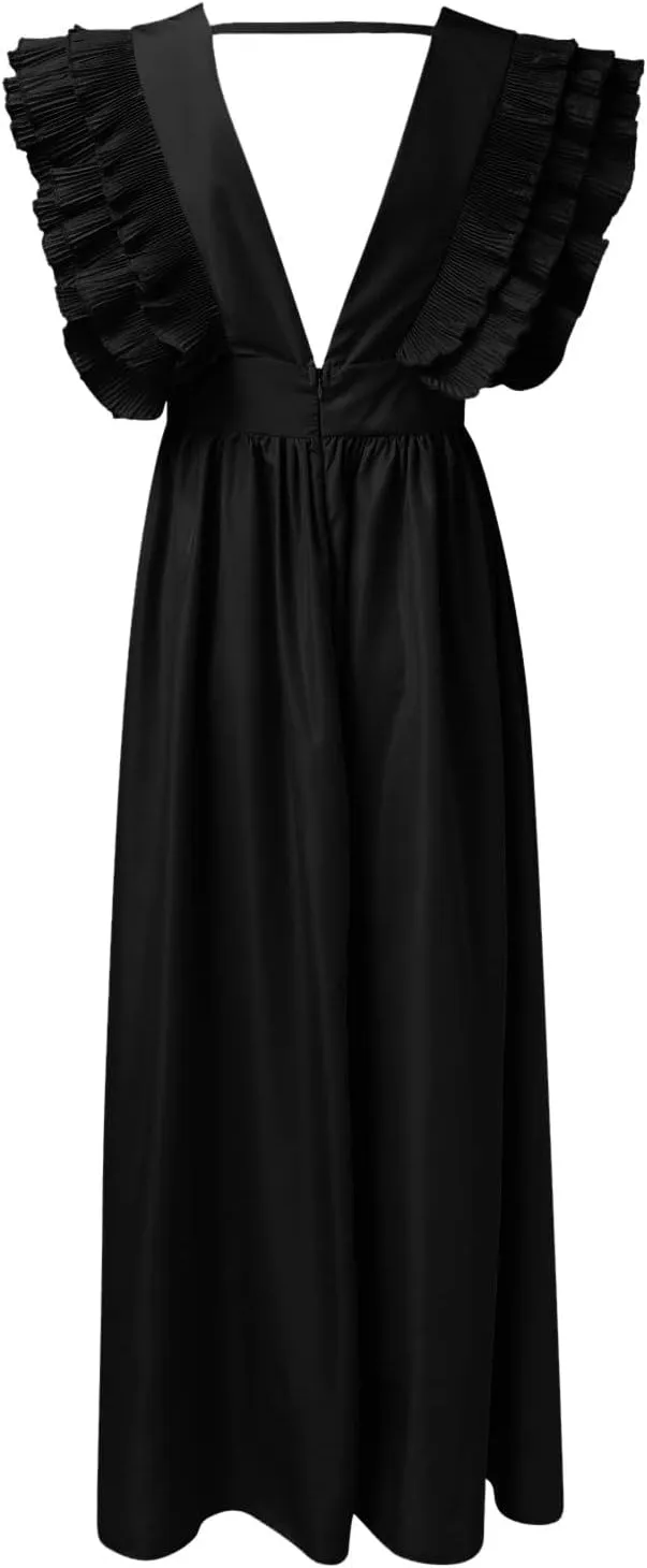 Wedding Guest Dress 2024 V Neck Ruffle Sleeve Tiered Midi Dress A Line Cocktail Party Dress Mixi Homecoming Dress