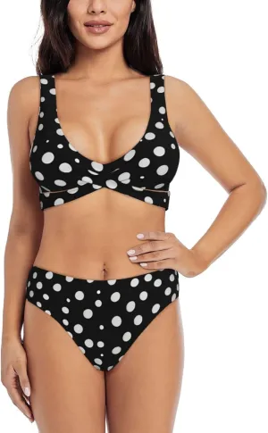White Dot Pattern Bikini Set for Women Front Cross Design Push Up High Waisted Two Piece Swimsuit
