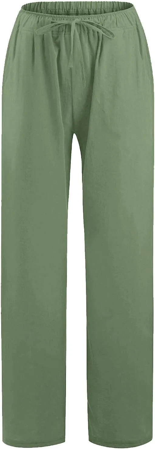 Wide Leg Linen Pants for Women Summer Baggy Comfy Palazzo Pants Drawstring Yoga Pants Casual Beach Pants with Pocket
