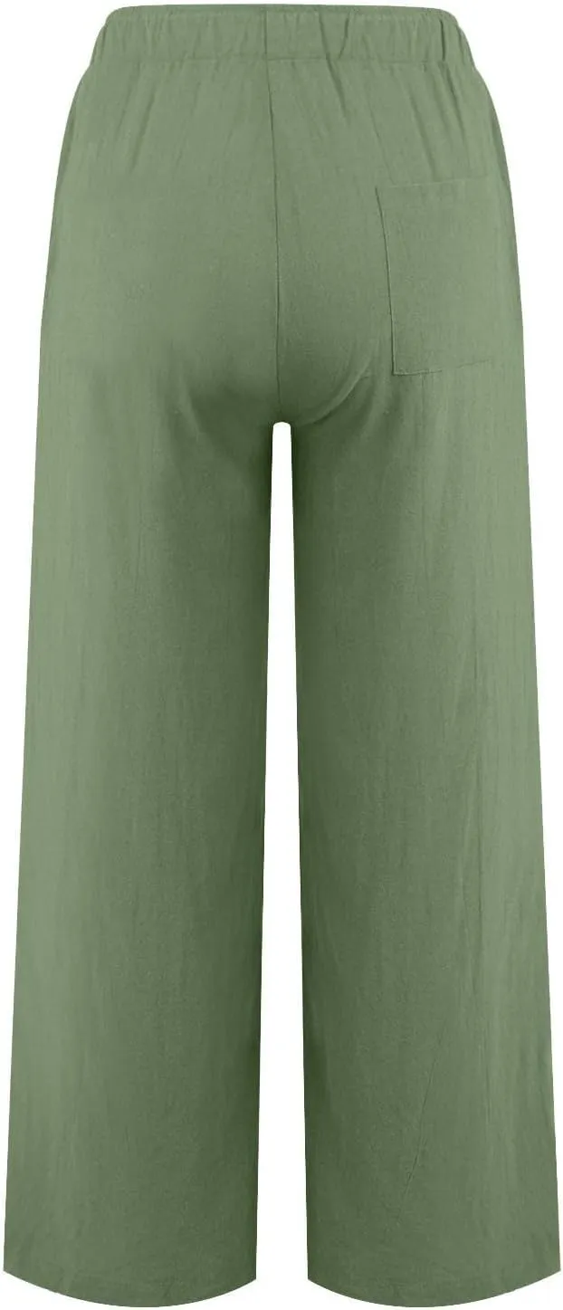 Wide Leg Linen Pants for Women Summer Baggy Comfy Palazzo Pants Drawstring Yoga Pants Casual Beach Pants with Pocket