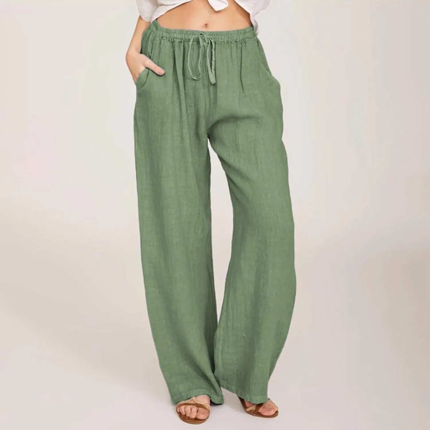 Wide Leg Linen Pants for Women Summer Baggy Comfy Palazzo Pants Drawstring Yoga Pants Casual Beach Pants with Pocket