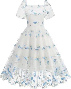 Women 1950s Vintage Mesh Floral Embroidery Dress Short Sleeve Square Neck Cocktail Dress Flared A line Evening Dress