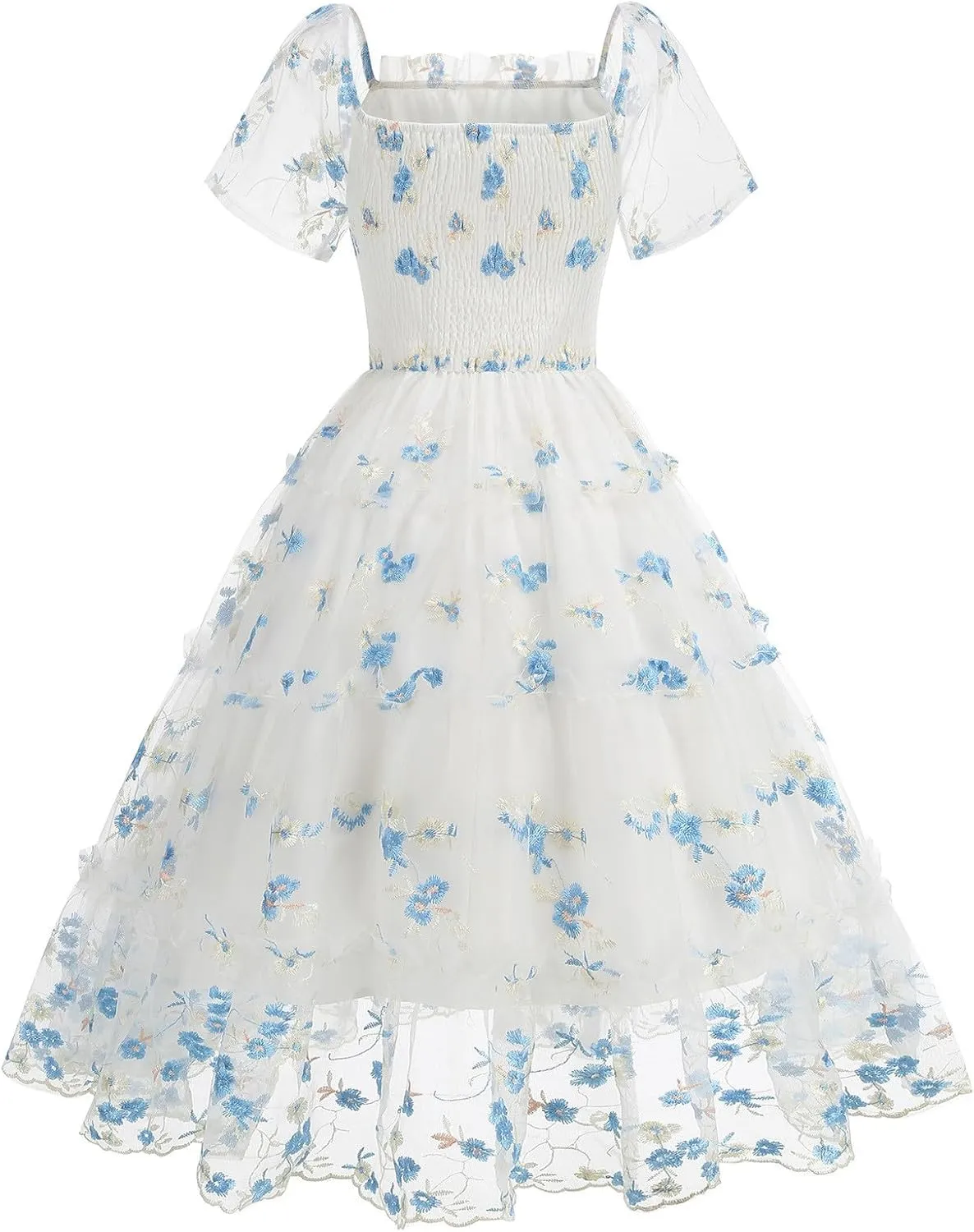 Women 1950s Vintage Mesh Floral Embroidery Dress Short Sleeve Square Neck Cocktail Dress Flared A line Evening Dress