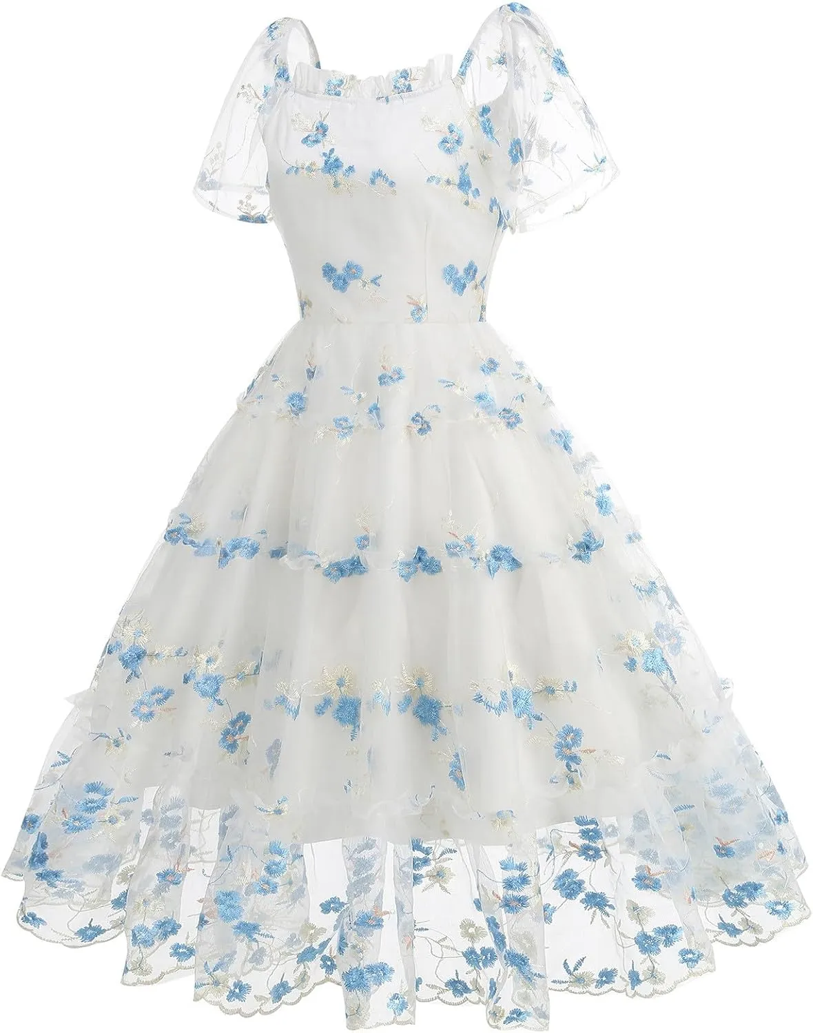 Women 1950s Vintage Mesh Floral Embroidery Dress Short Sleeve Square Neck Cocktail Dress Flared A line Evening Dress