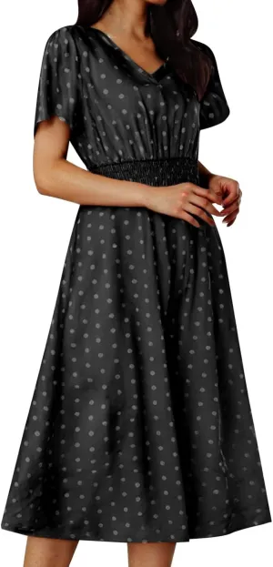 Women Boho Midi Dress Short Sleeve V Neck Swiss Dot High Waited A-Line Ruffle Tiered Summer Long Dresses