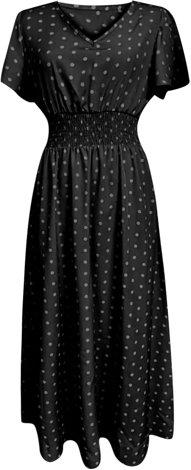 Women Boho Midi Dress Short Sleeve V Neck Swiss Dot High Waited A-Line Ruffle Tiered Summer Long Dresses