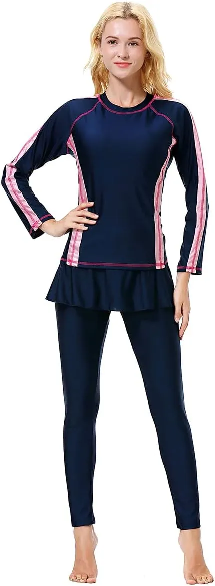 Women Burkini Swimsuits Modest Muslim Swimwear Islamic Long Sleeve Full Cover Hijab Top Skirted Swim Capris Pants Set