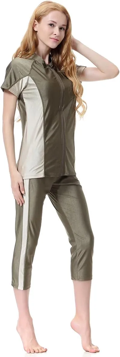 Women Burkini Swimsuits Modest Muslim Swimwear Islamic Long Sleeve Full Cover Hijab Top Skirted Swim Capris Pants Set