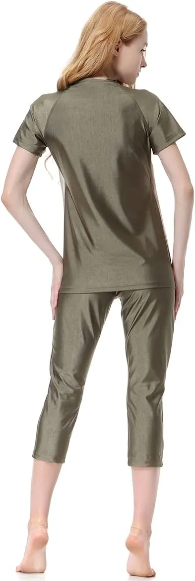 Women Burkini Swimsuits Modest Muslim Swimwear Islamic Long Sleeve Full Cover Hijab Top Skirted Swim Capris Pants Set