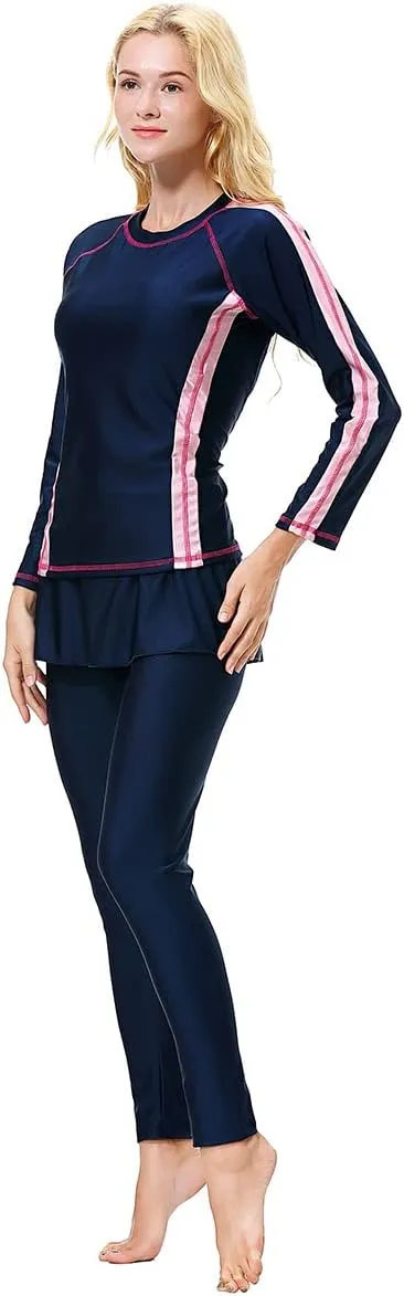 Women Burkini Swimsuits Modest Muslim Swimwear Islamic Long Sleeve Full Cover Hijab Top Skirted Swim Capris Pants Set