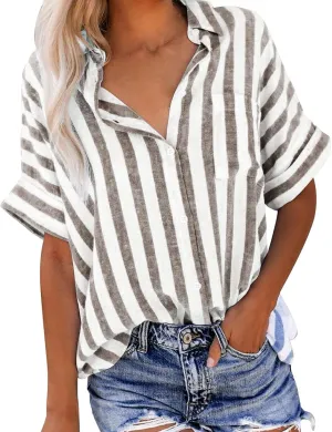 Women Button Down Striped Shirts Cotton Linen Summer Blouse Collared Short Sleeve Comfy Tops Work Office Wear Clothing