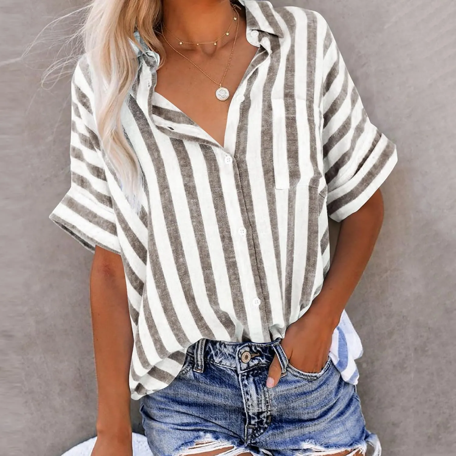 Women Button Down Striped Shirts Cotton Linen Summer Blouse Collared Short Sleeve Comfy Tops Work Office Wear Clothing