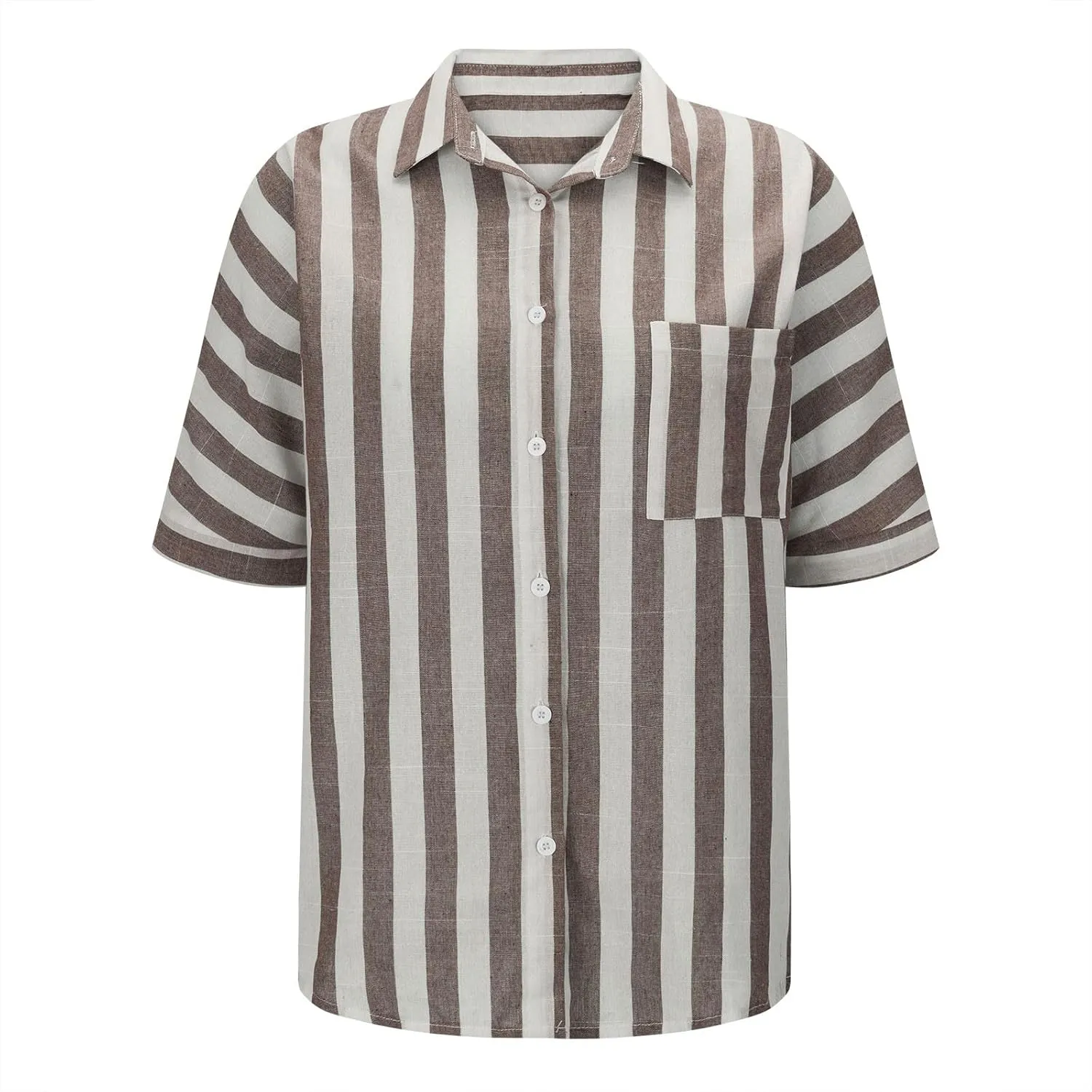 Women Button Down Striped Shirts Cotton Linen Summer Blouse Collared Short Sleeve Comfy Tops Work Office Wear Clothing