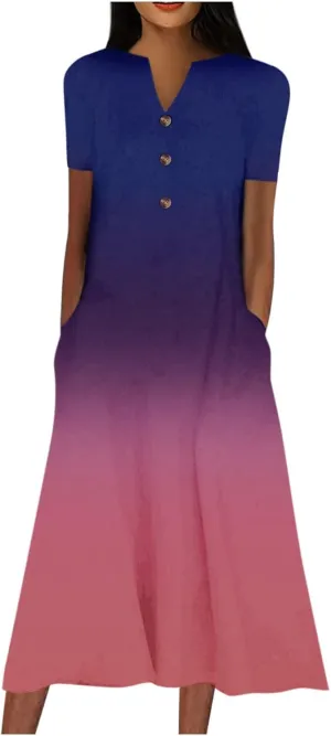 Women Casual Loose Bohemian Floral Dress with Pockets Short Sleeve Long Maxi Summer Beach Shift Dress