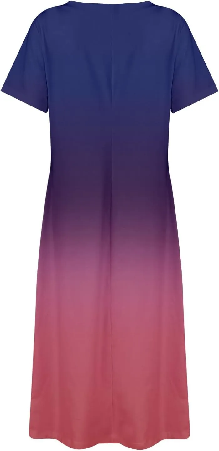 Women Casual Loose Bohemian Floral Dress with Pockets Short Sleeve Long Maxi Summer Beach Shift Dress