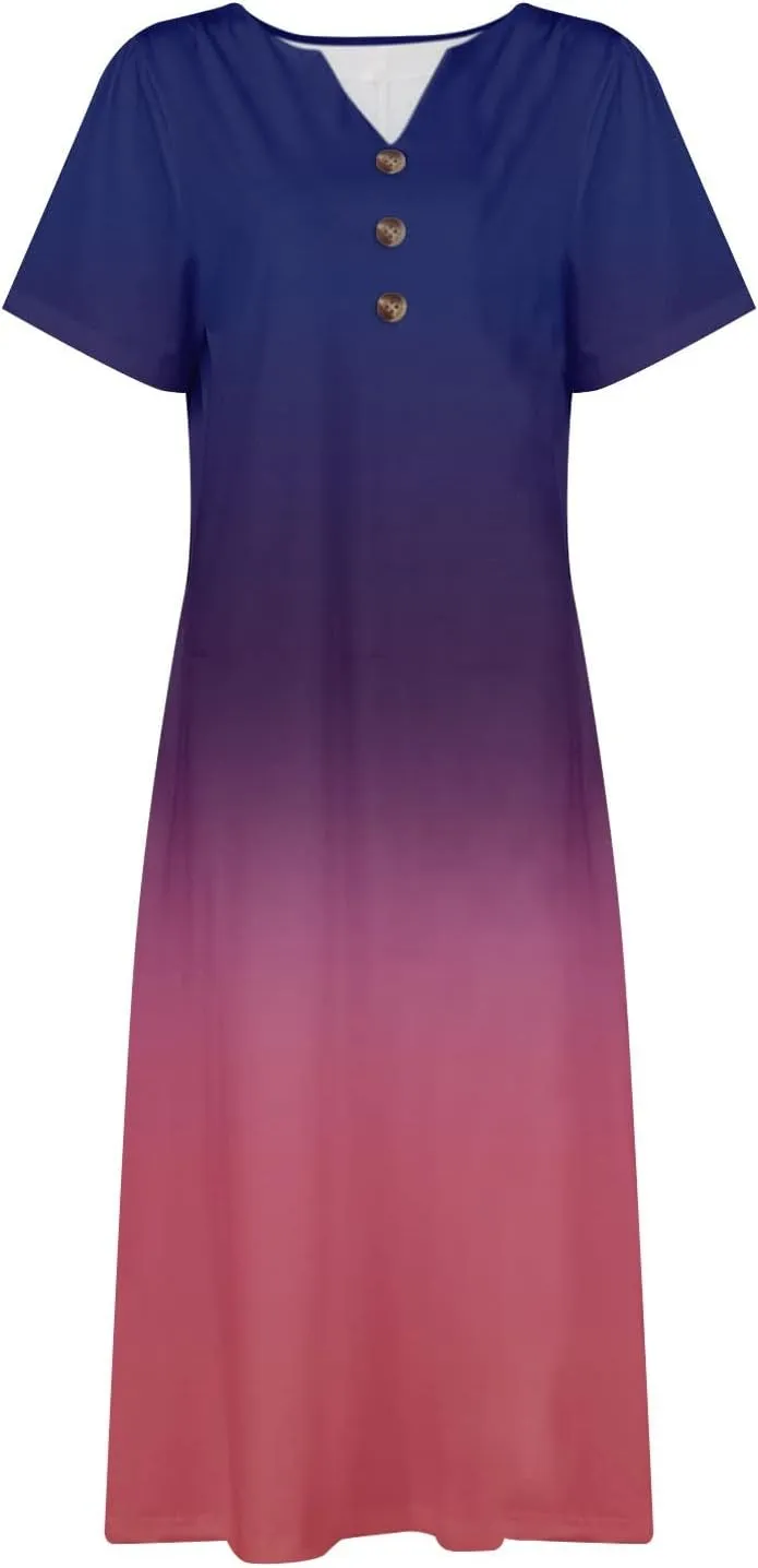 Women Casual Loose Bohemian Floral Dress with Pockets Short Sleeve Long Maxi Summer Beach Shift Dress