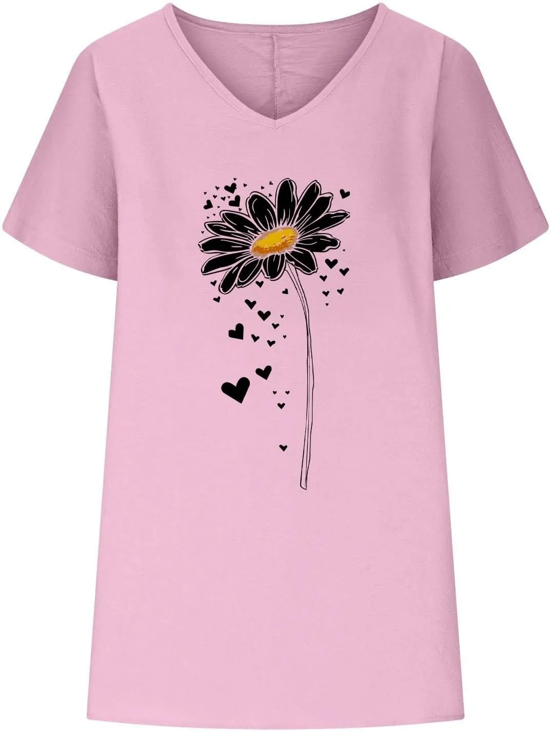 Women Casual Tops Cotton Linen Short Sleeve Shirts Floral Summer V Neck Tees Flower Printing Tunics Loose Comfy Cute Blouses