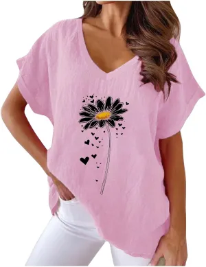Women Casual Tops Cotton Linen Short Sleeve Shirts Floral Summer V Neck Tees Flower Printing Tunics Loose Comfy Cute Blouses