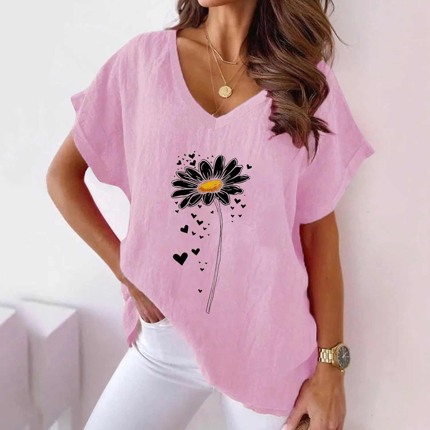 Women Casual Tops Cotton Linen Short Sleeve Shirts Floral Summer V Neck Tees Flower Printing Tunics Loose Comfy Cute Blouses