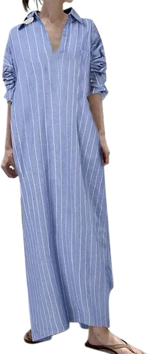 Women Casual V Neck Striped Shift Dress Long Sleeve Hem Sundress Loose Long Maxi Cotton Shirt Dress with Pockets