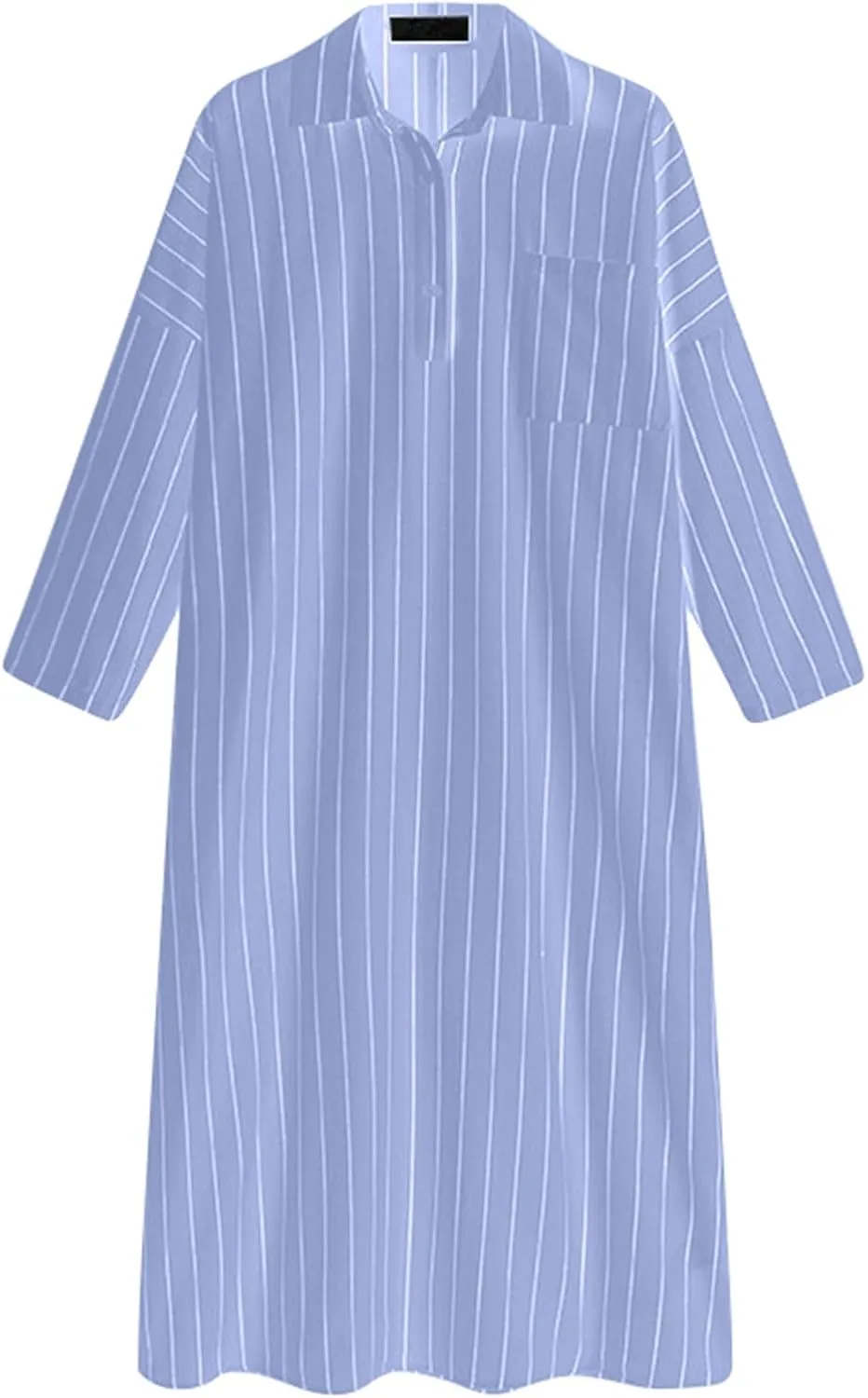 Women Casual V Neck Striped Shift Dress Long Sleeve Hem Sundress Loose Long Maxi Cotton Shirt Dress with Pockets