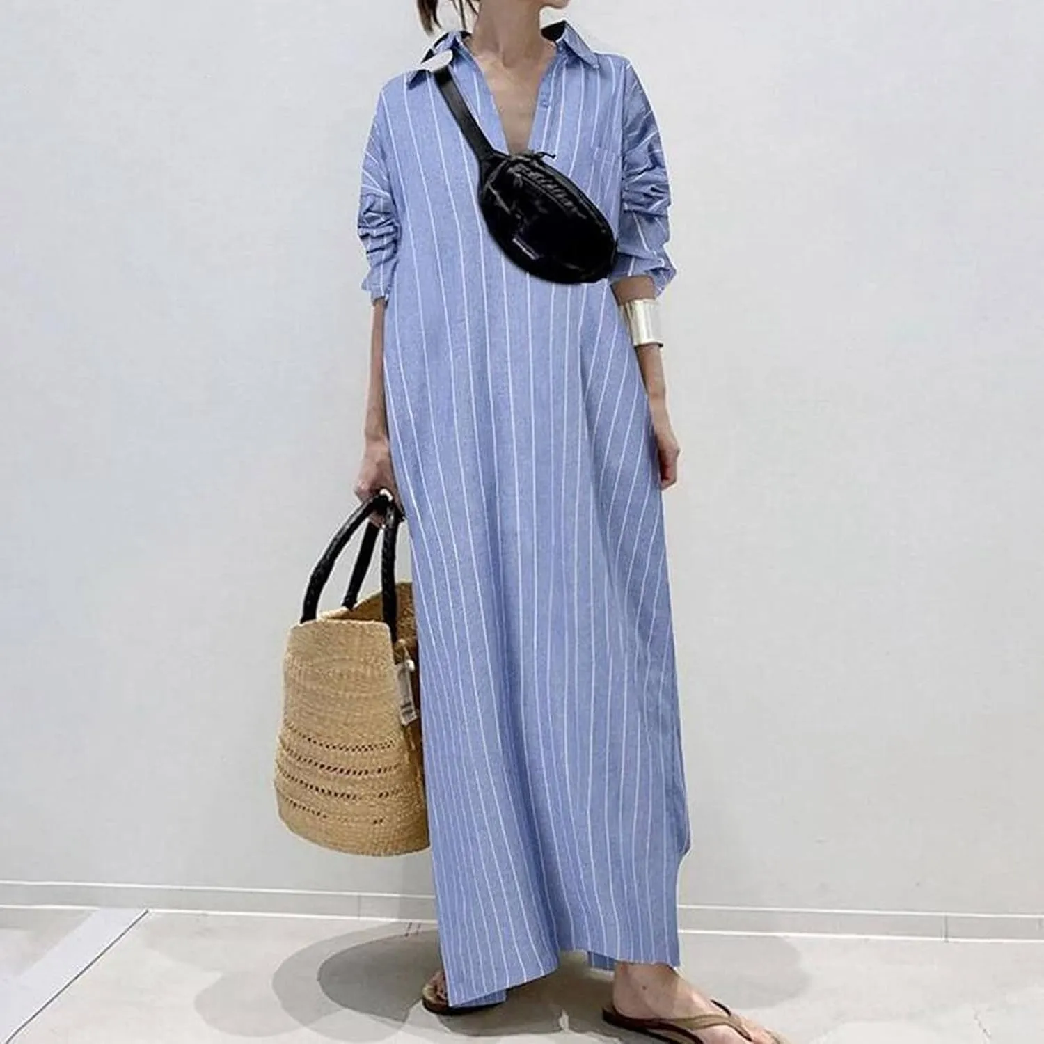 Women Casual V Neck Striped Shift Dress Long Sleeve Hem Sundress Loose Long Maxi Cotton Shirt Dress with Pockets