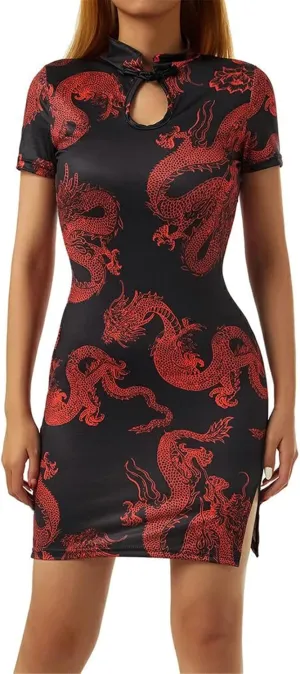 Women Cheongsam Mini/Maxi Dress Stand-up Collar Chinese Style Element Dragon Print/Solid Side Split Bodycon Dress Streetwear