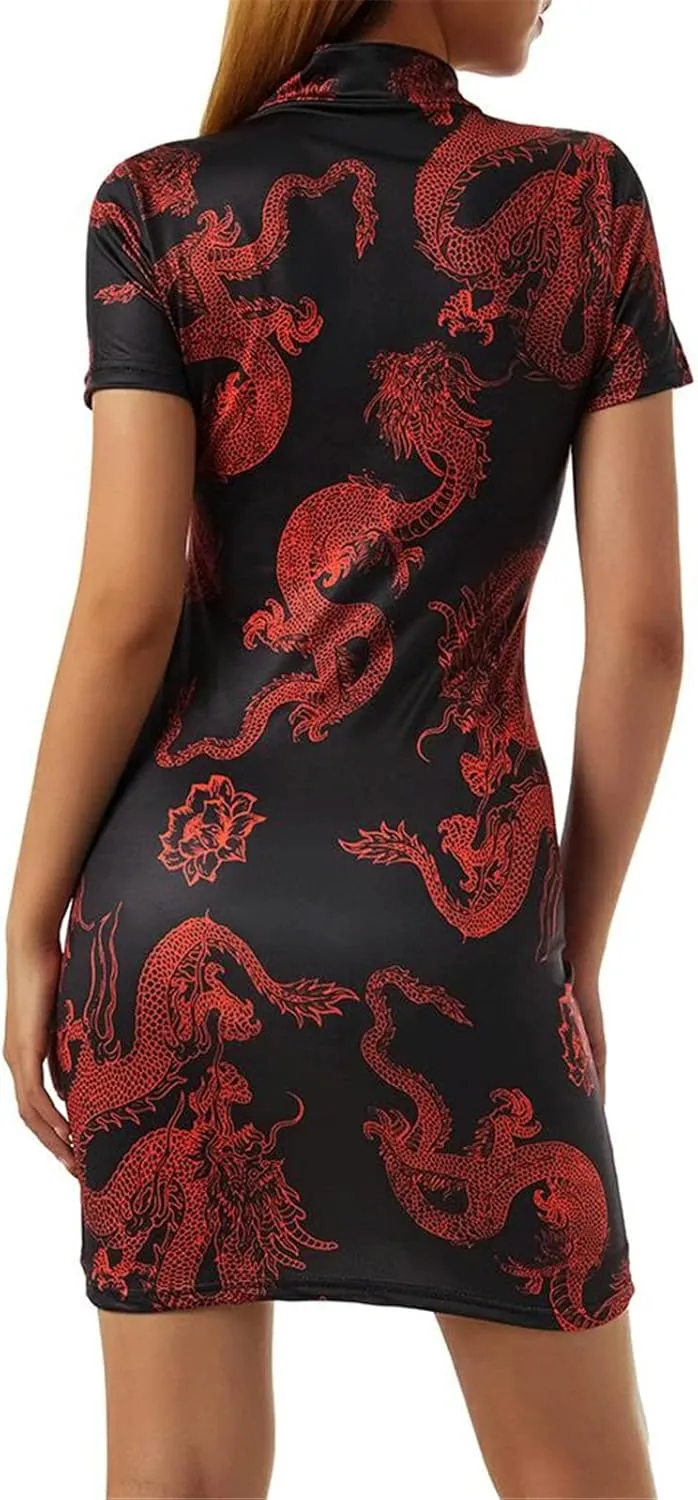Women Cheongsam Mini/Maxi Dress Stand-up Collar Chinese Style Element Dragon Print/Solid Side Split Bodycon Dress Streetwear