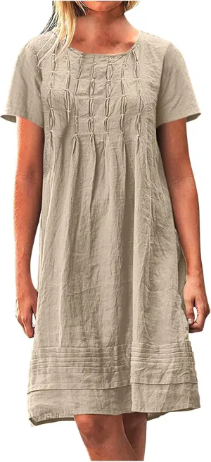 Women Cotton Linen Dresses Crew Neck Short Sleeve Pleated Front Stripe Printed Knee Length Loose Fit Summer Dress