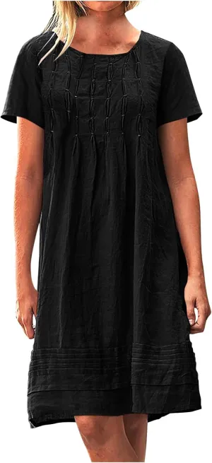 Women Cotton Linen Dresses Crew Neck Short Sleeve Pleated Front Stripe Printed Knee Length Loose Fit Summer Dress