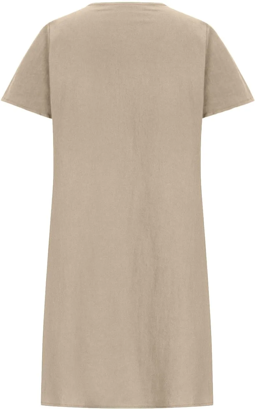 Women Cotton Linen Dresses Crew Neck Short Sleeve Pleated Front Stripe Printed Knee Length Loose Fit Summer Dress
