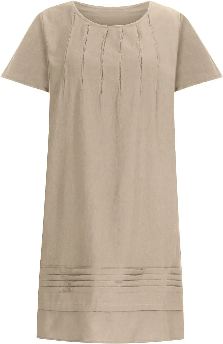 Women Cotton Linen Dresses Crew Neck Short Sleeve Pleated Front Stripe Printed Knee Length Loose Fit Summer Dress