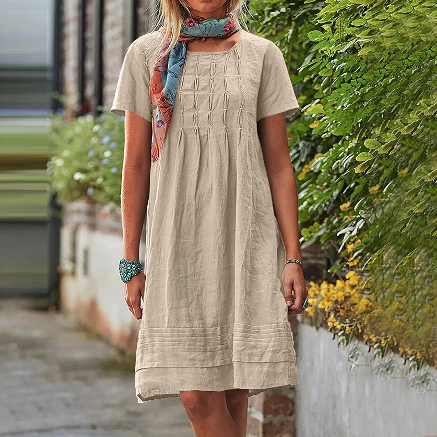 Women Cotton Linen Dresses Crew Neck Short Sleeve Pleated Front Stripe Printed Knee Length Loose Fit Summer Dress