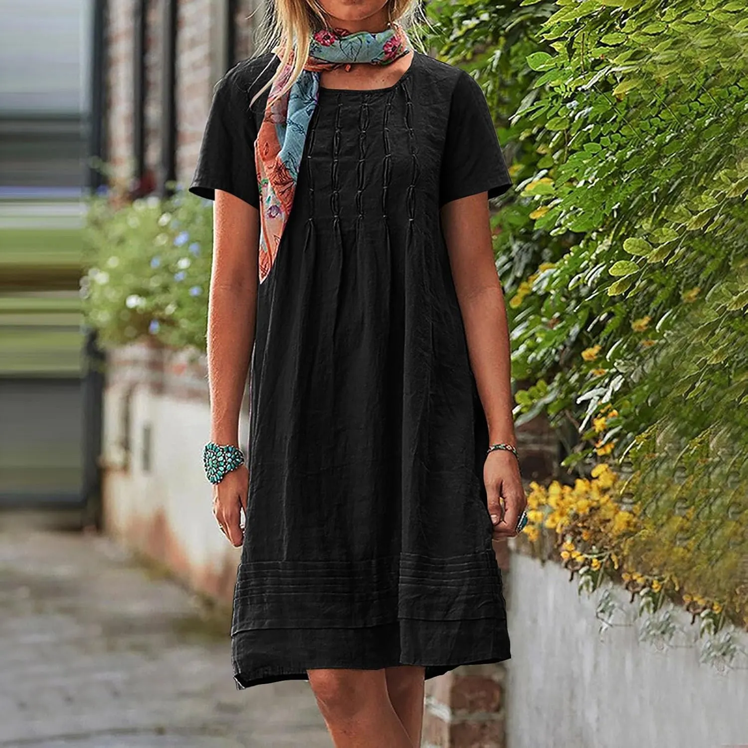 Women Cotton Linen Dresses Crew Neck Short Sleeve Pleated Front Stripe Printed Knee Length Loose Fit Summer Dress