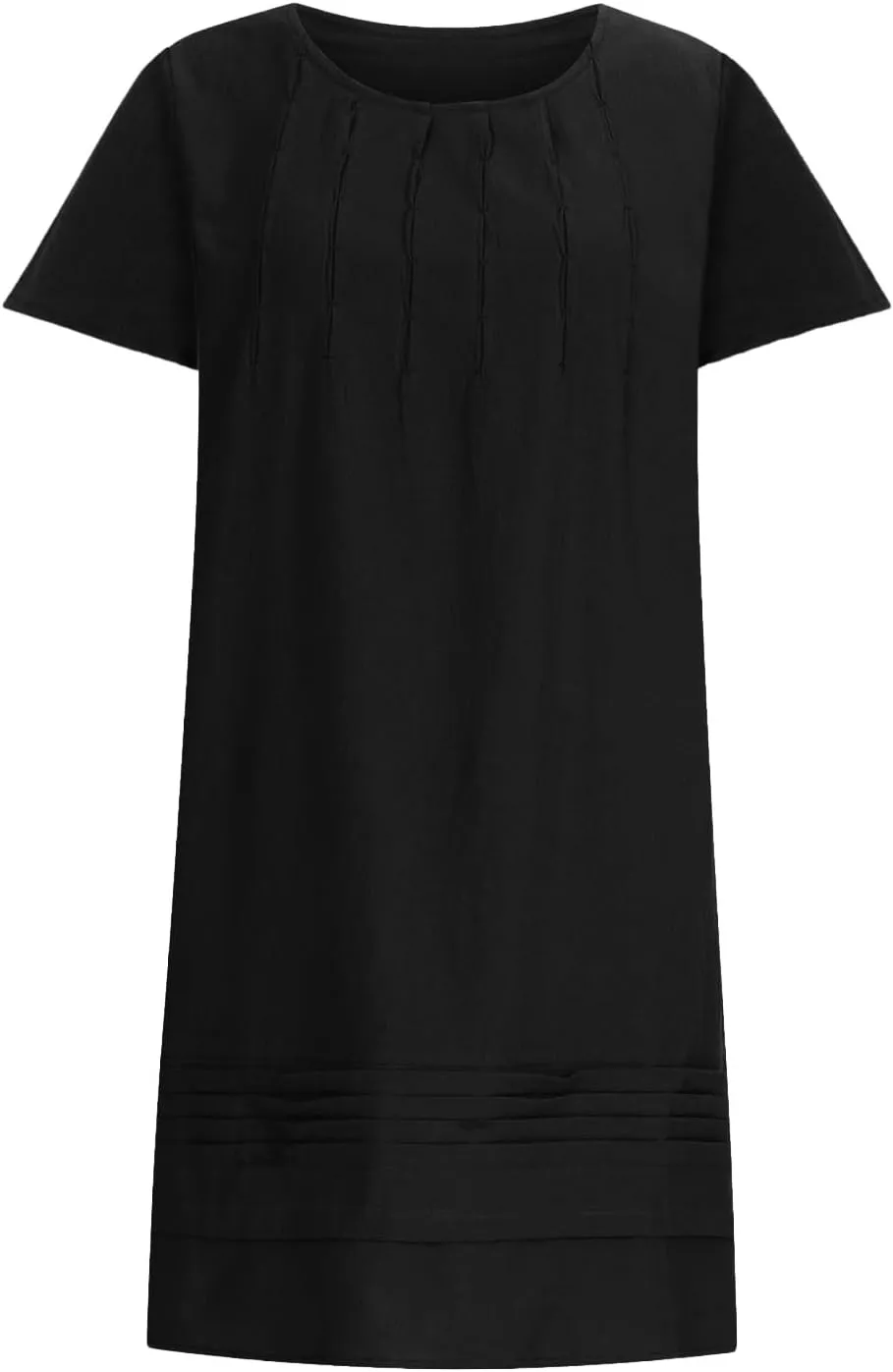 Women Cotton Linen Dresses Crew Neck Short Sleeve Pleated Front Stripe Printed Knee Length Loose Fit Summer Dress