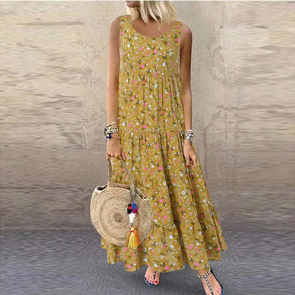 Women Cotton Linen Loose Sundress Summer Casual Lightweight Thin Dress Fashion Floral Print Crewneck Sleeveless Dress